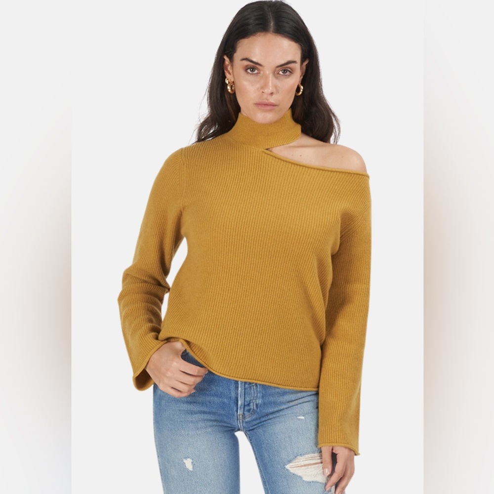 RtA Womens Langley Sweater In Mustard Cashmere Long Sleeve Cut Out Neck Sz S EUC